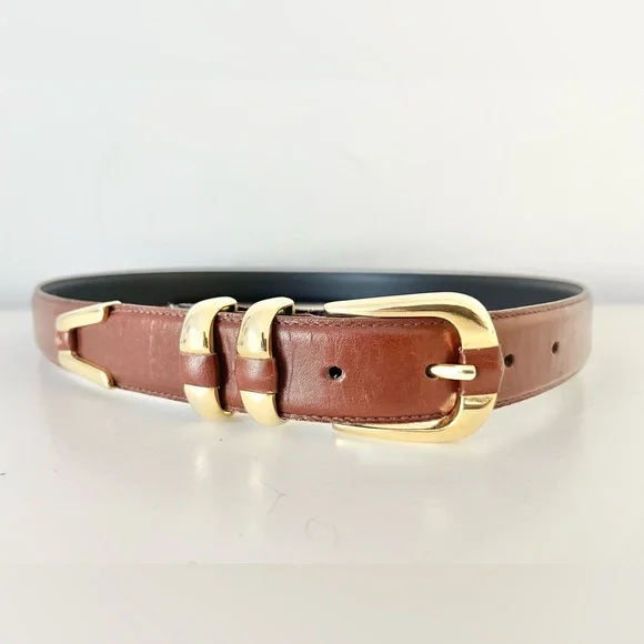 Studio New York Women’s Brown Leather Belt with Gold Buckle Large - Picture 2 of 4